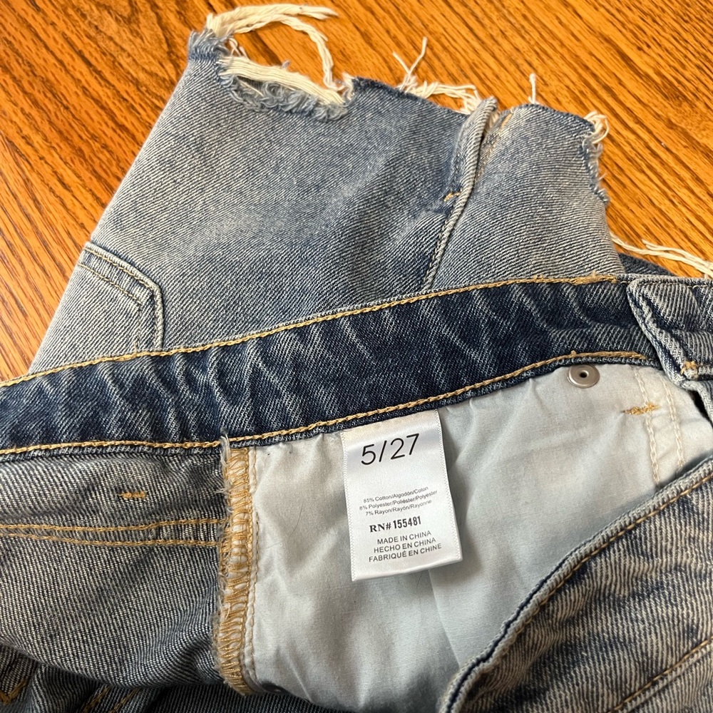Blue Distressed Jean Shorts with Frayed Hem - Picture 3 of 4